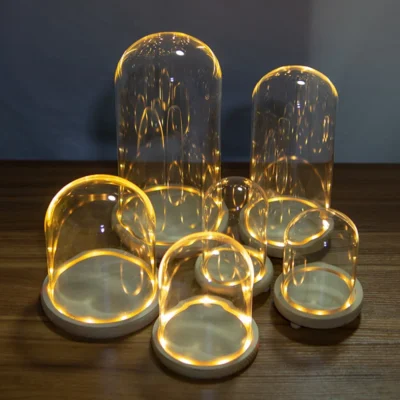 Dôme en verre cloche LED — Base bois déco florale