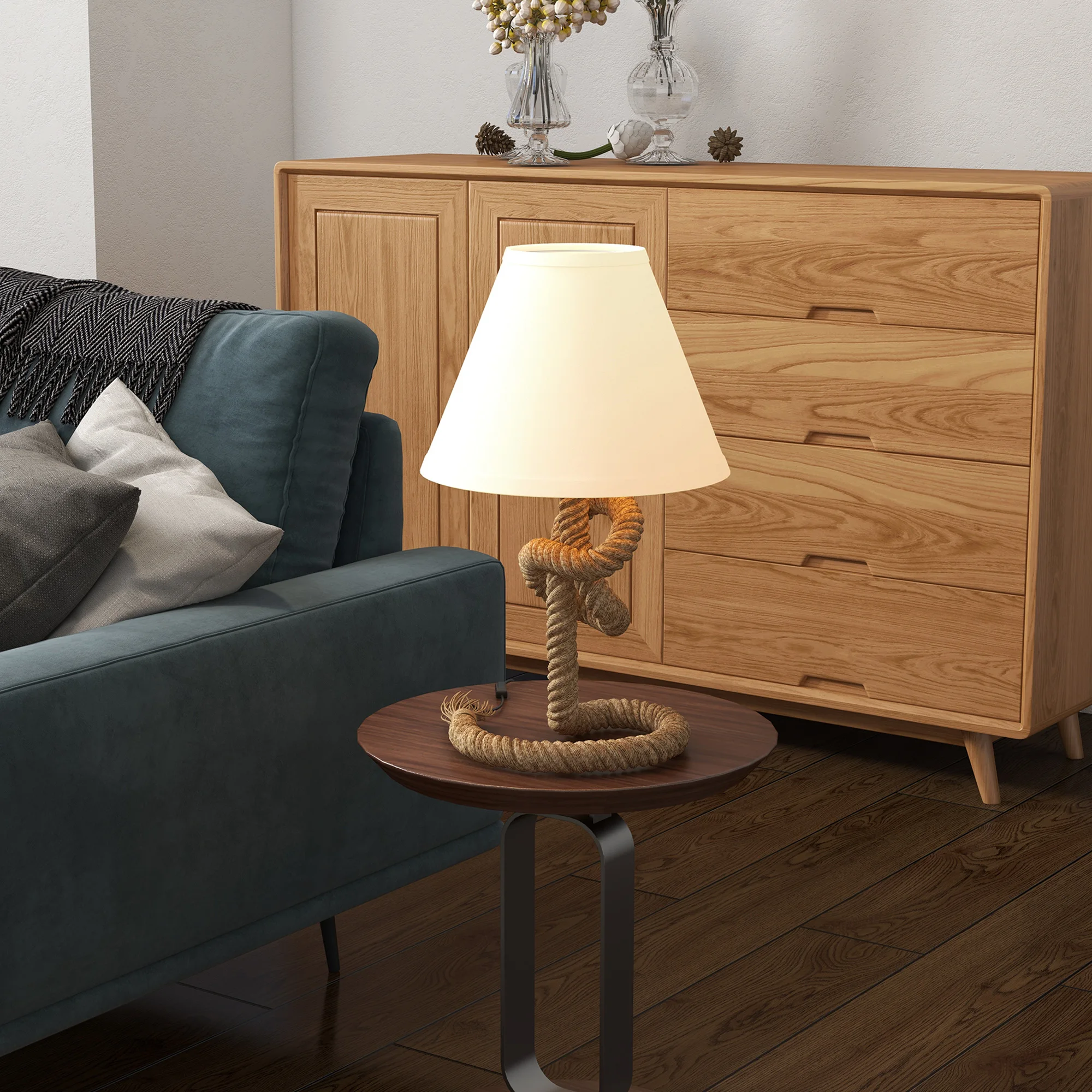 Lampe rétro métal & corde de lin — Marron beige – Image 2