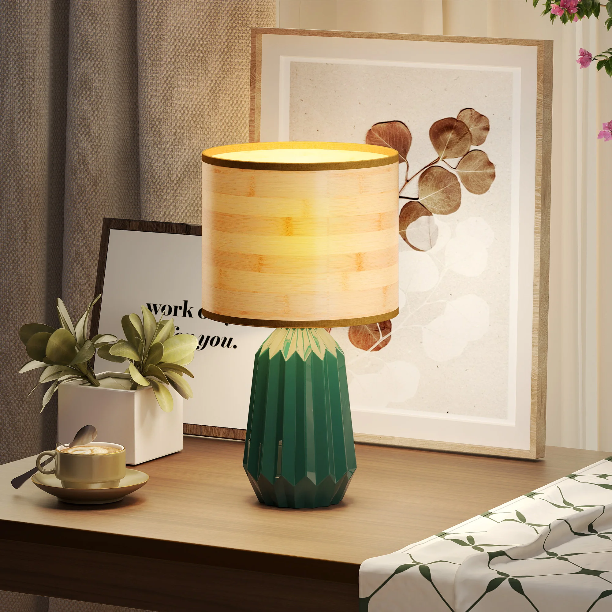 Lampe rétro céramique & lin — Vert sauge bois naturel – Image 2
