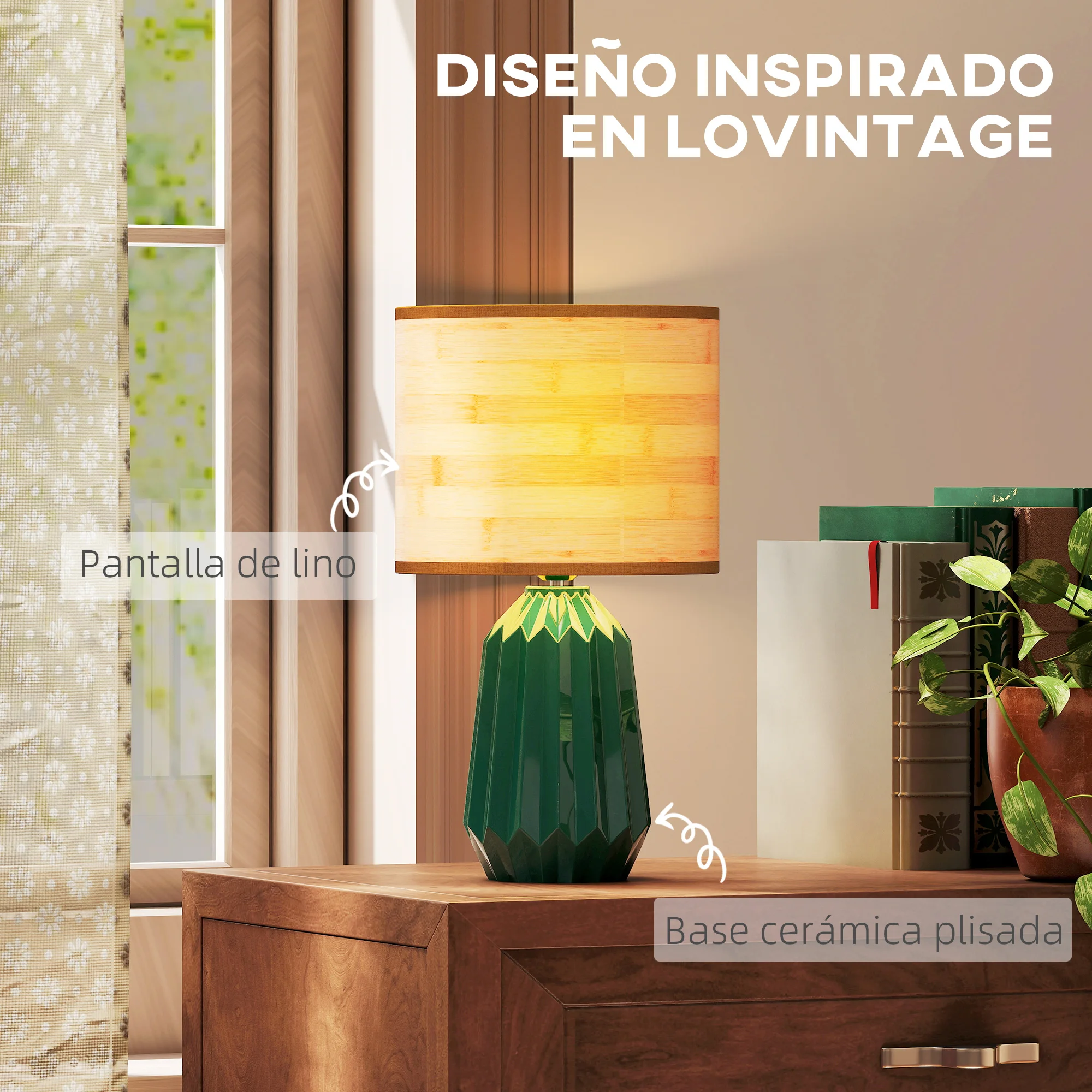 Lampe rétro céramique & lin — Vert sauge bois naturel – Image 4