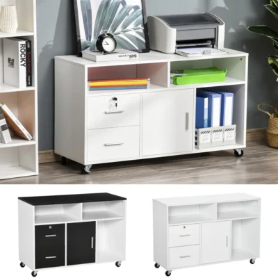 Meuble TV Armoire bureau roulettes 100x35x65 tiroirs étagères
