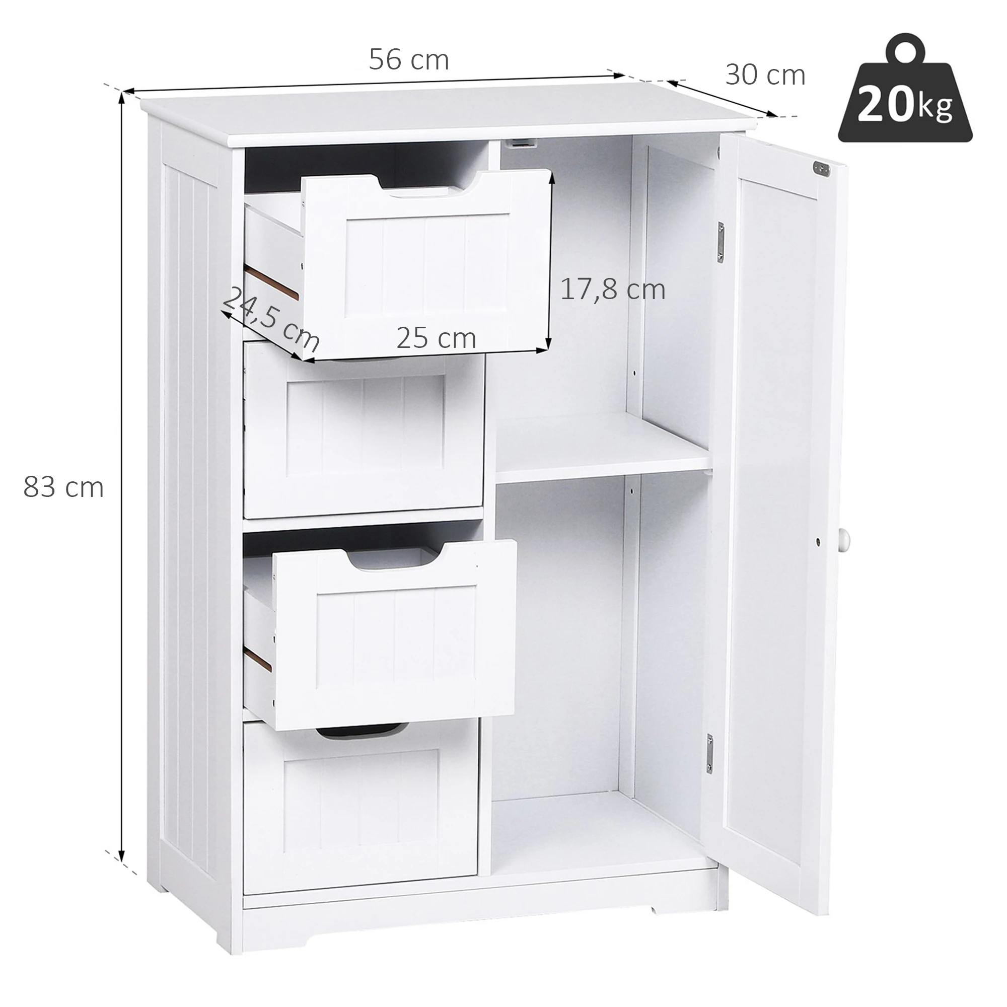 Kleankin Armoire bois entrée 1 porte 4 tiroirs blanc – Image 3
