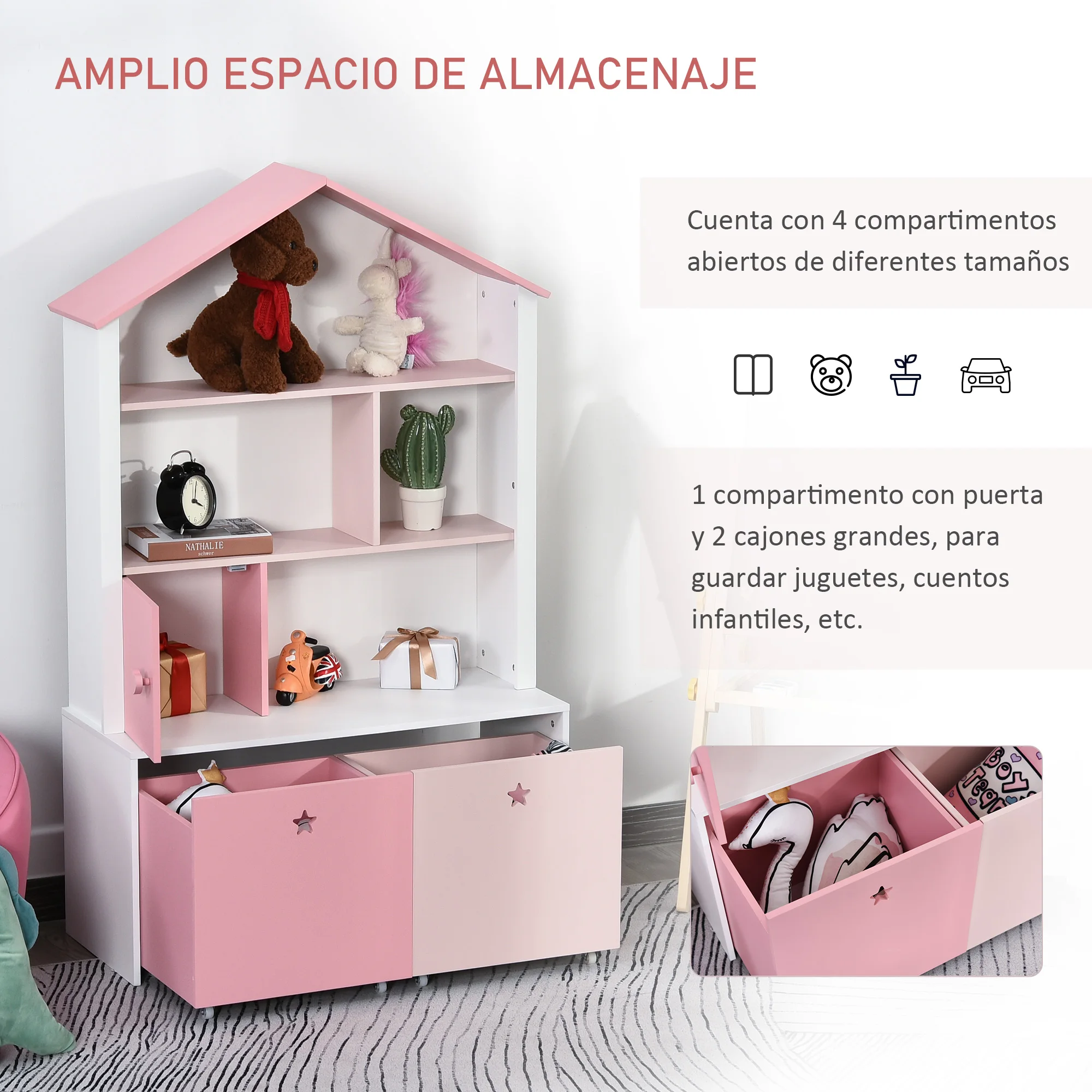 Étagère Bibliothèque enfant 4 compartiments 2 tiroirs roulettes 80x34x130 – Image 3