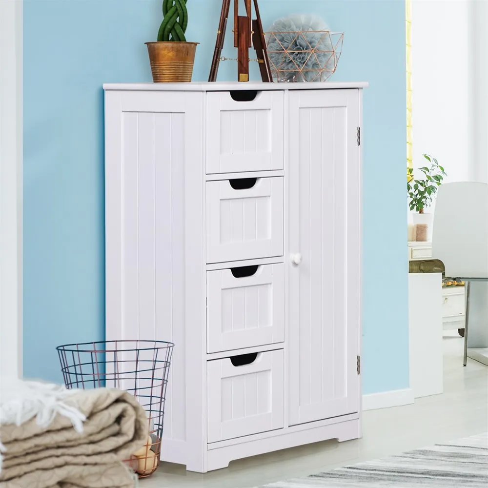 Kleankin Armoire bois entrée 1 porte 4 tiroirs blanc – Image 2
