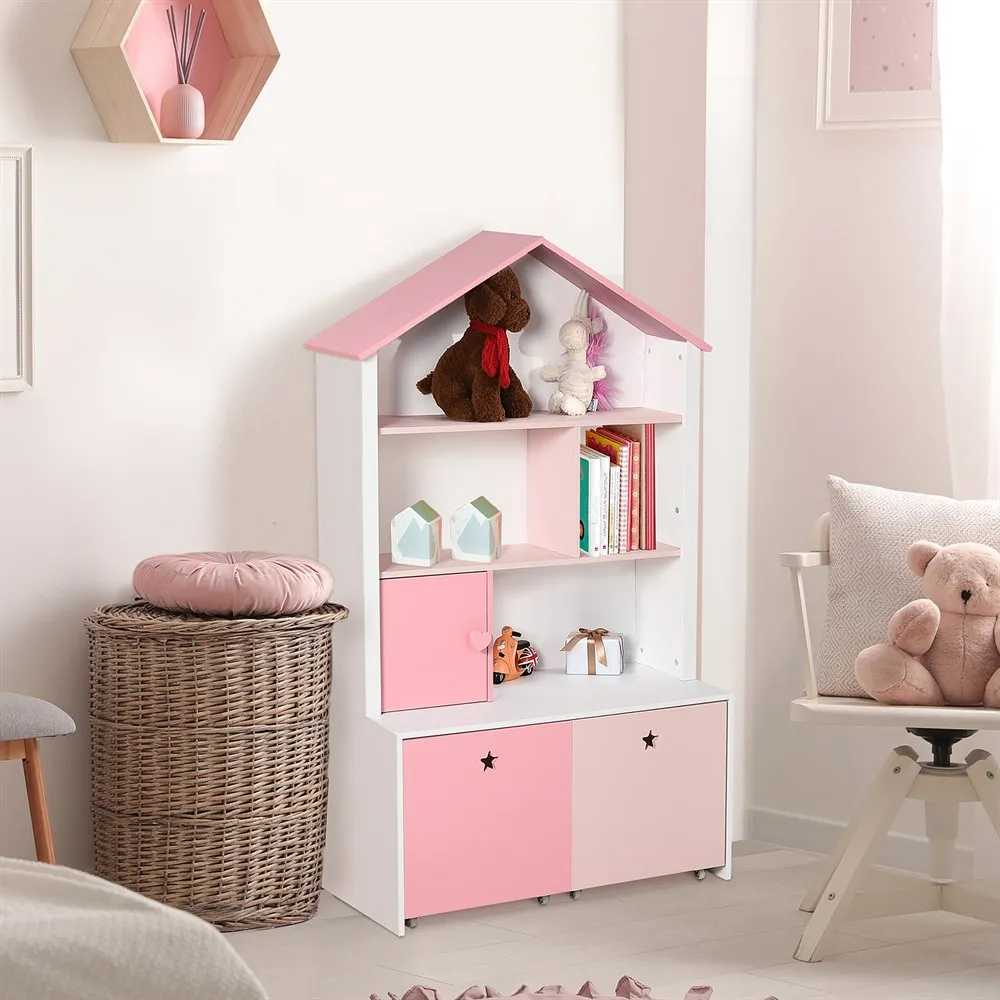 Étagère Bibliothèque enfant 4 compartiments 2 tiroirs roulettes 80x34x130 – Image 2