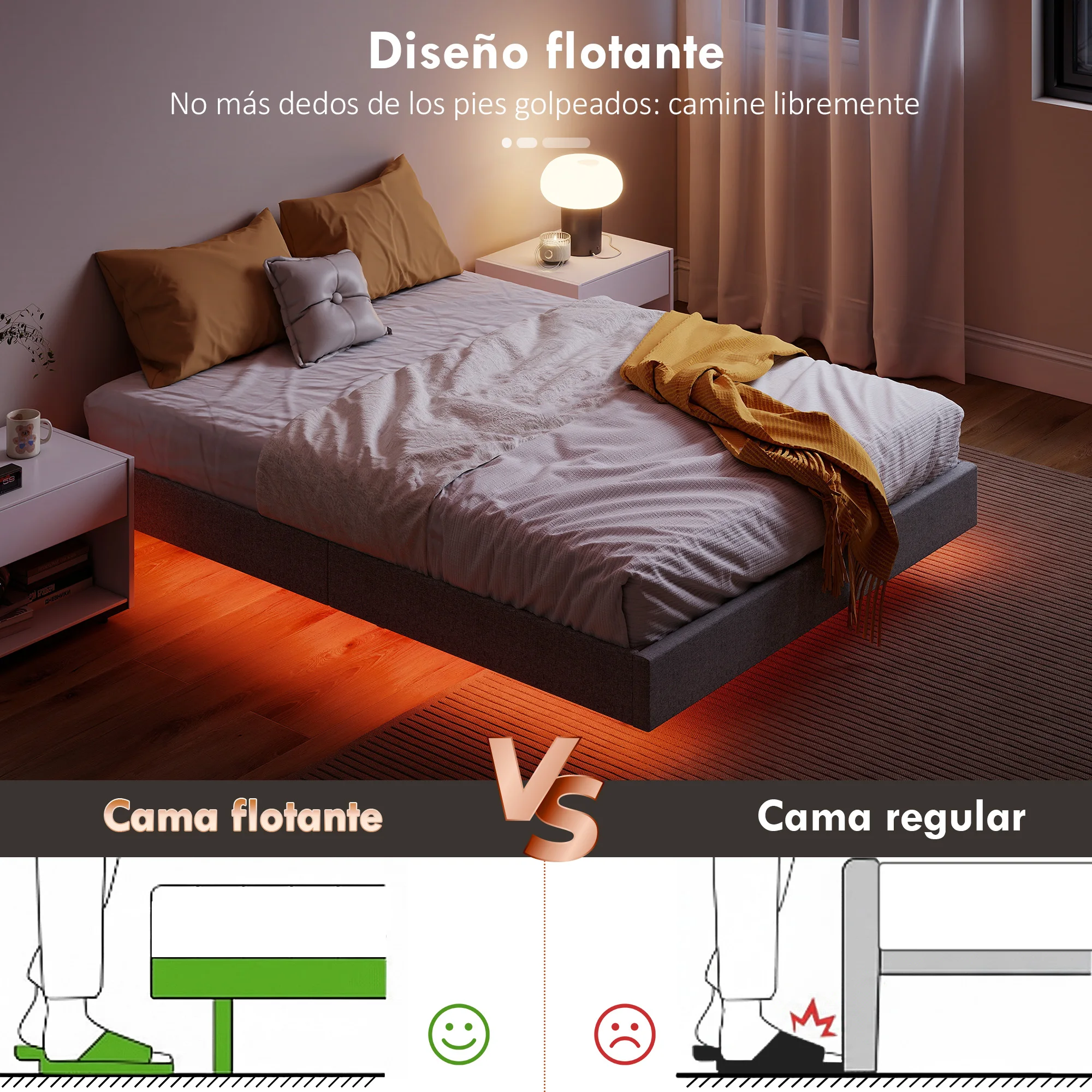 Lit Sommier 160X200 LED rembourré lattes bois lin gris – Image 4