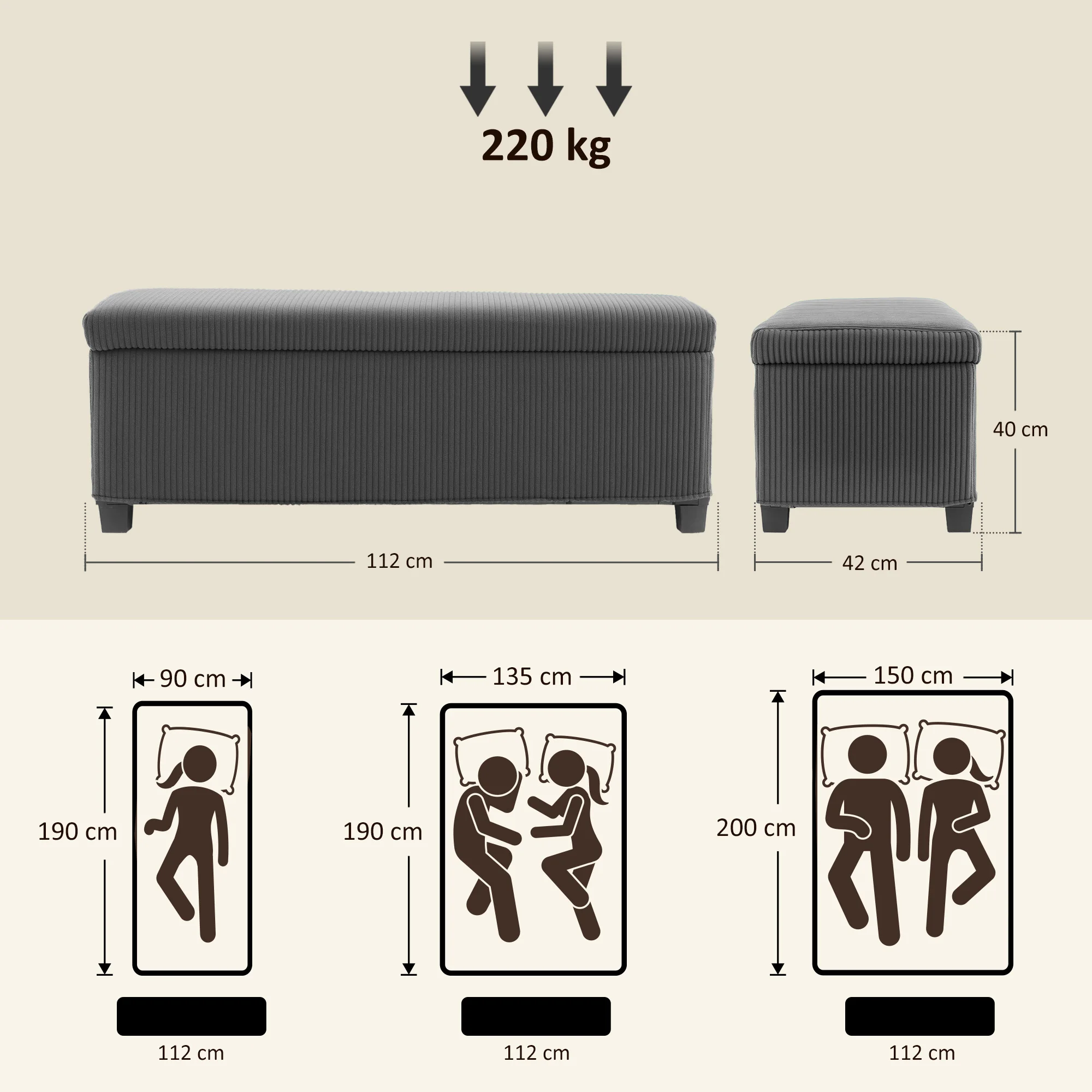 Pouf Banc rangement 84L velours côtelé chevet 112x42x40 – Image 3