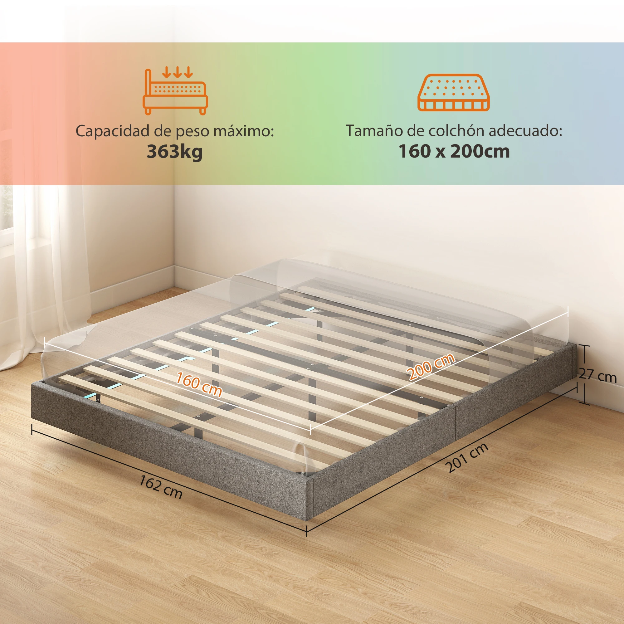 Lit Sommier 160X200 LED rembourré lattes bois lin gris – Image 3