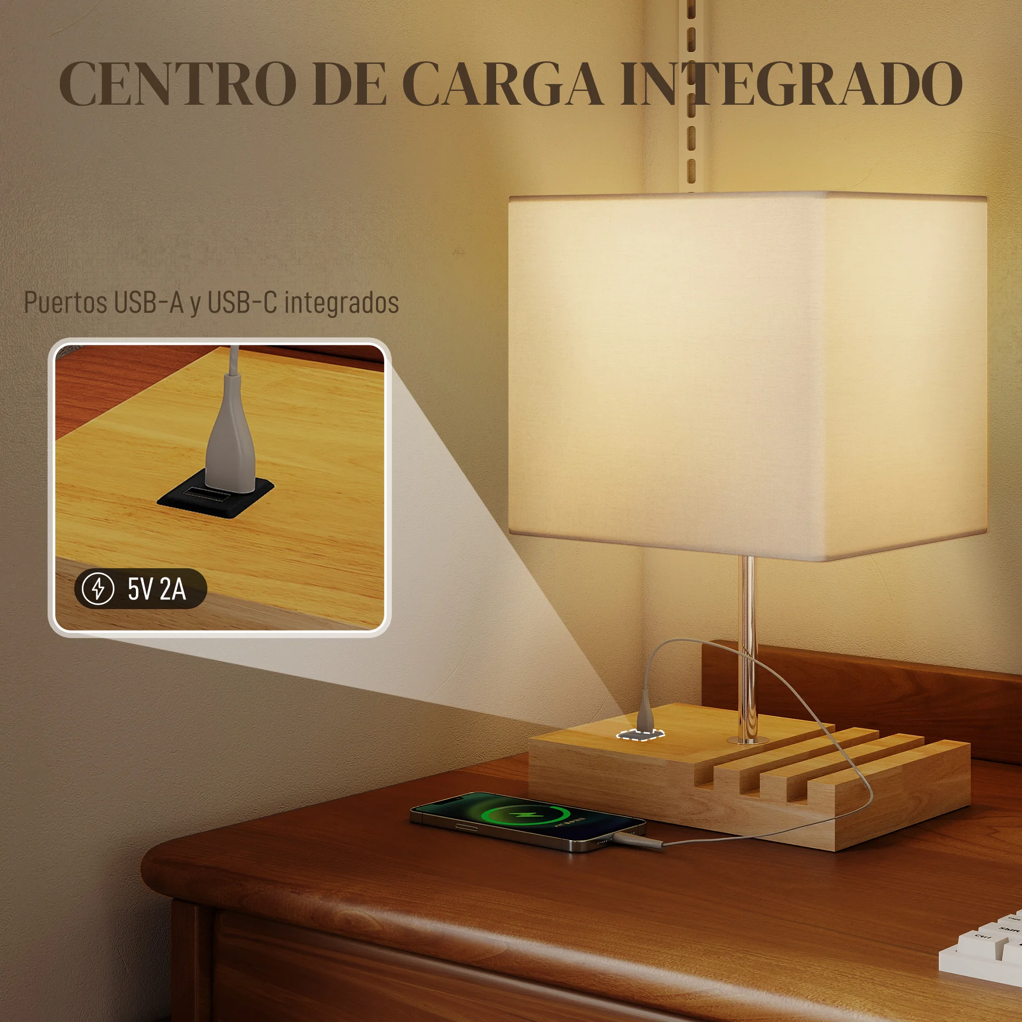 Lampe USB-A/C base bois blanc – Image 3