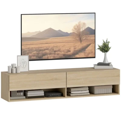 Meuble TV suspendu 2 tiroirs étagères 140x32x31 bois naturel
