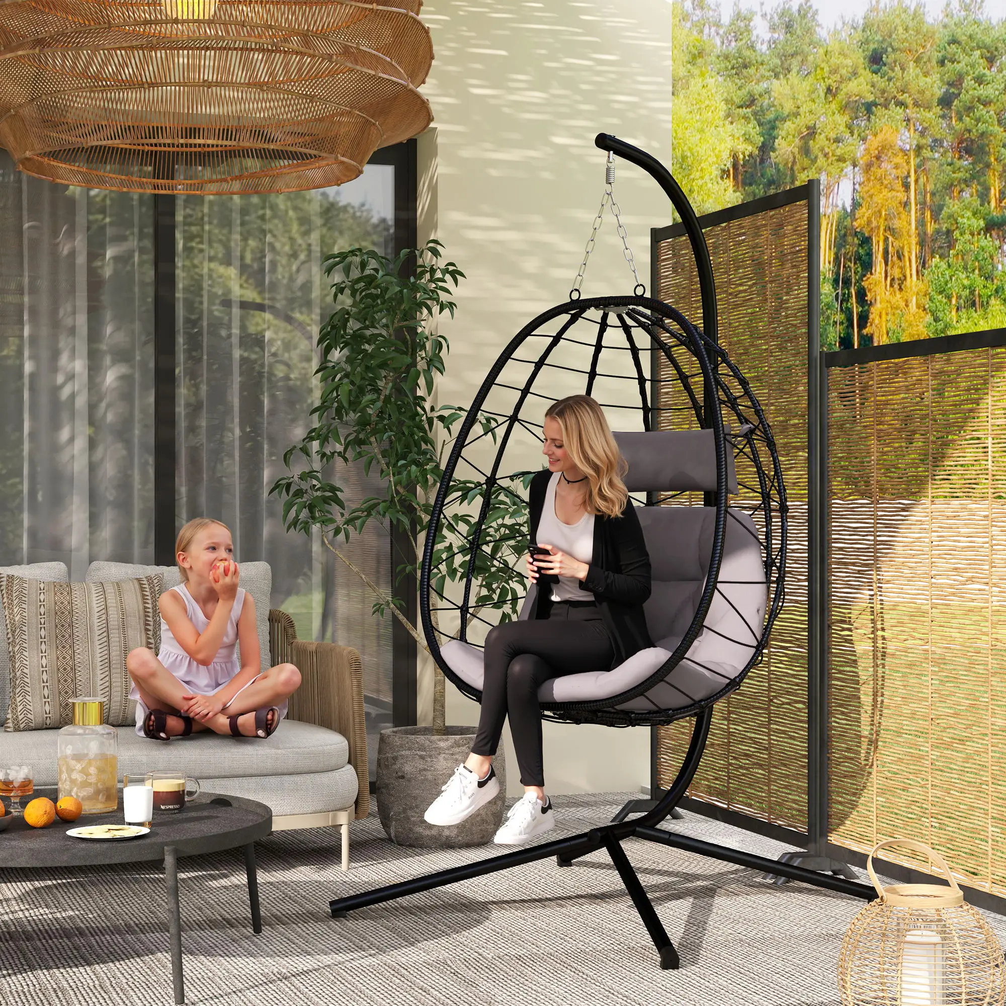 Fauteuil suspendu support coussin pliable panier – Image 2