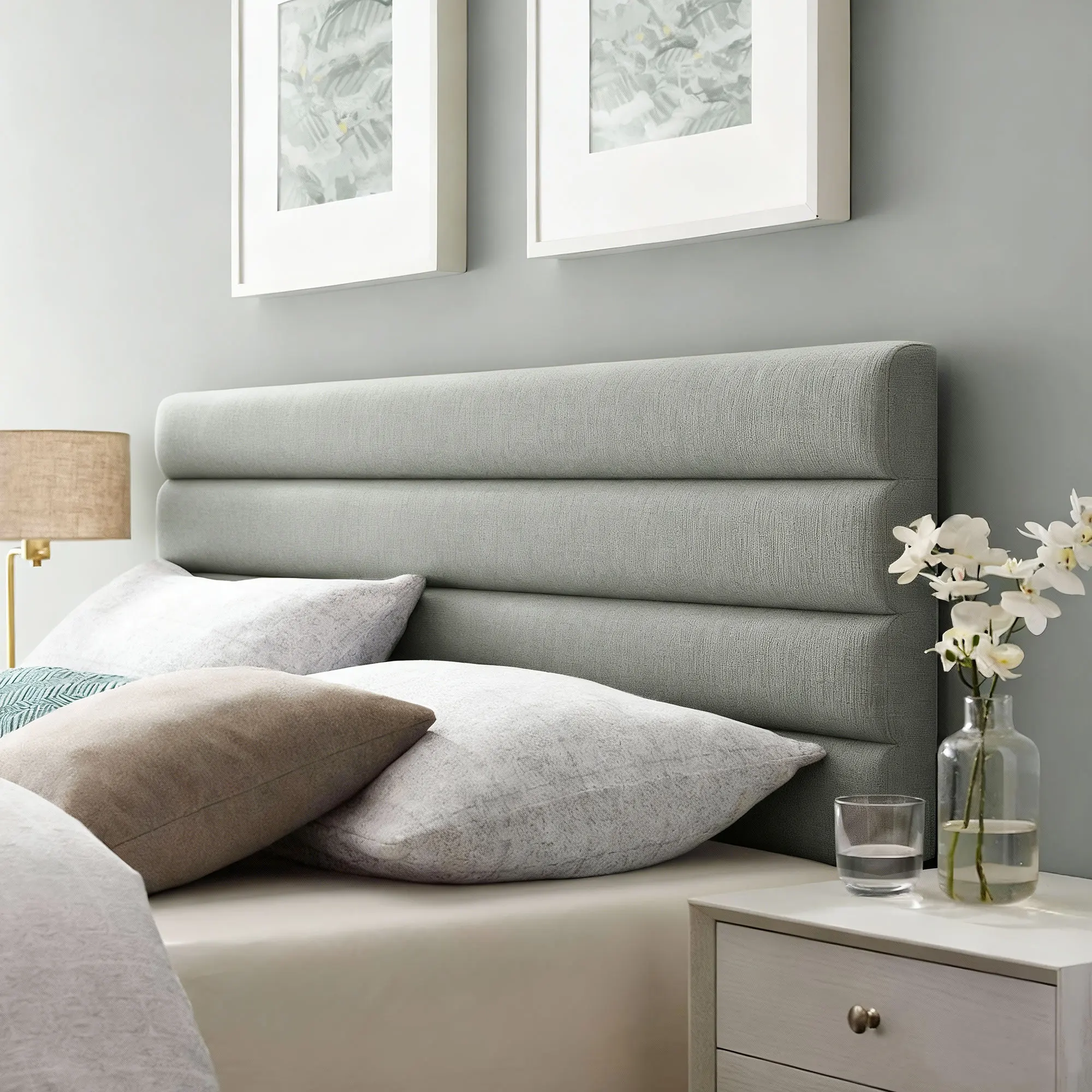 Tête lit 140cm rembourrée lin gris réglable hauteur 3 niv – Image 2