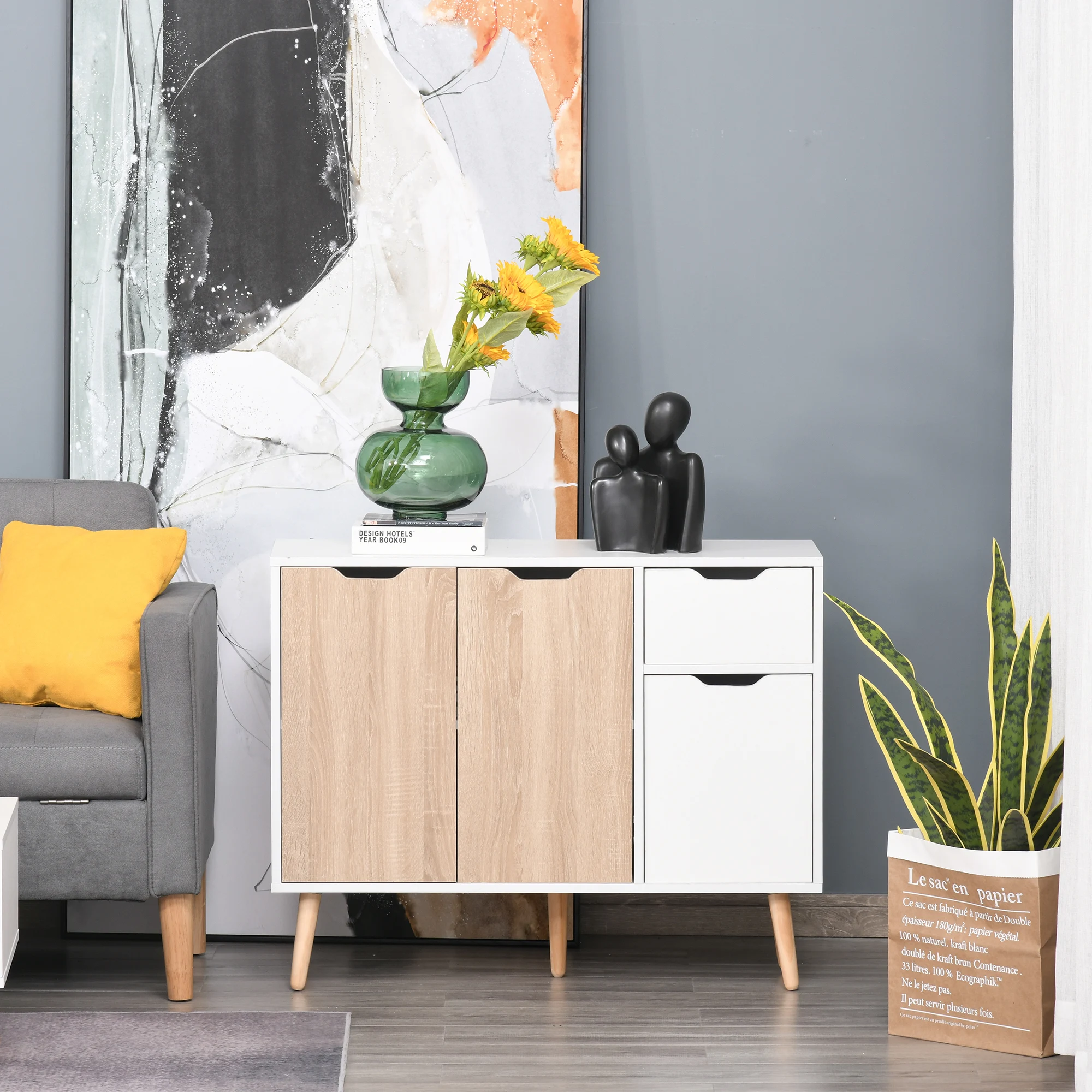 Buffet 3 portes 1 tiroir 90x30x72 blanc naturel – Image 2
