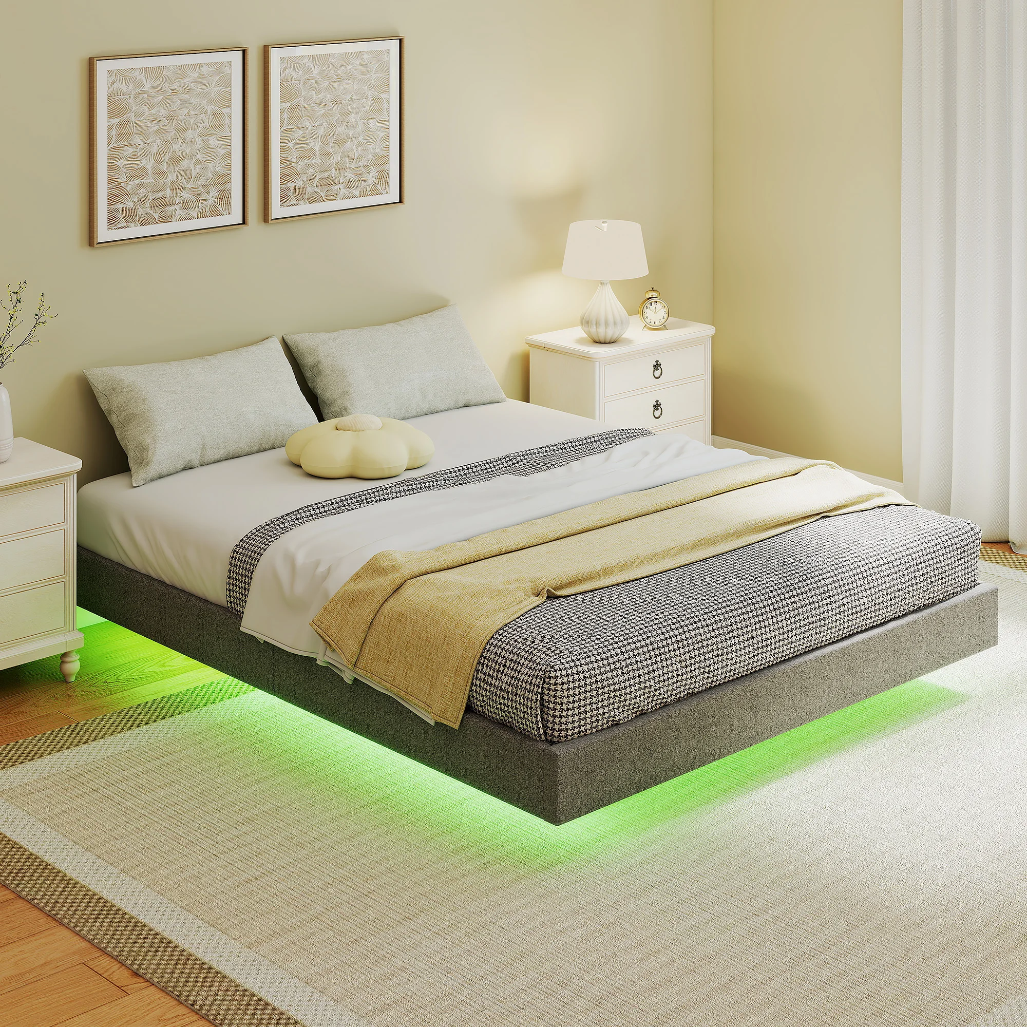 Lit Sommier 160X200 LED rembourré lattes bois lin gris – Image 2