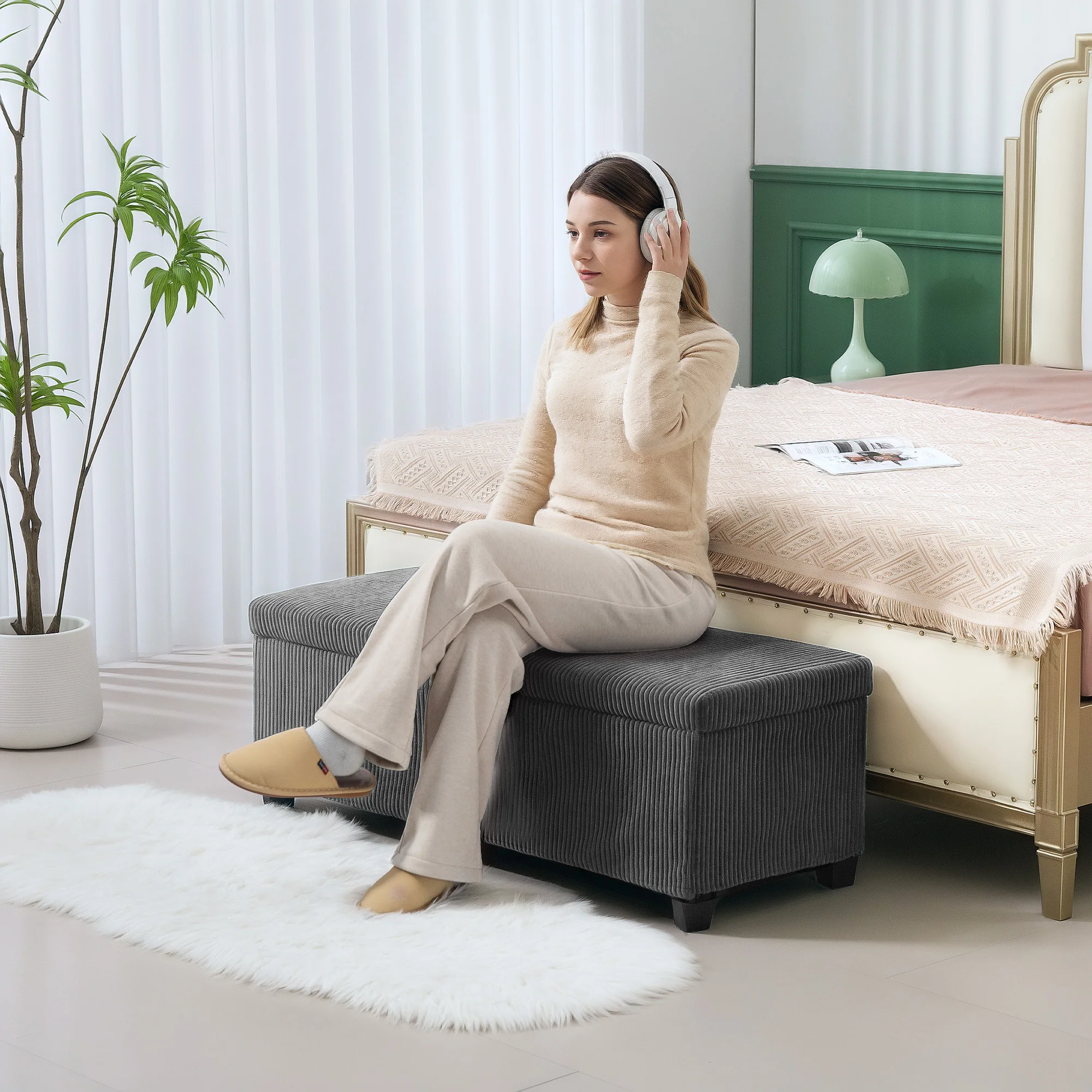Pouf Banc rangement 84L velours côtelé chevet 112x42x40 – Image 2