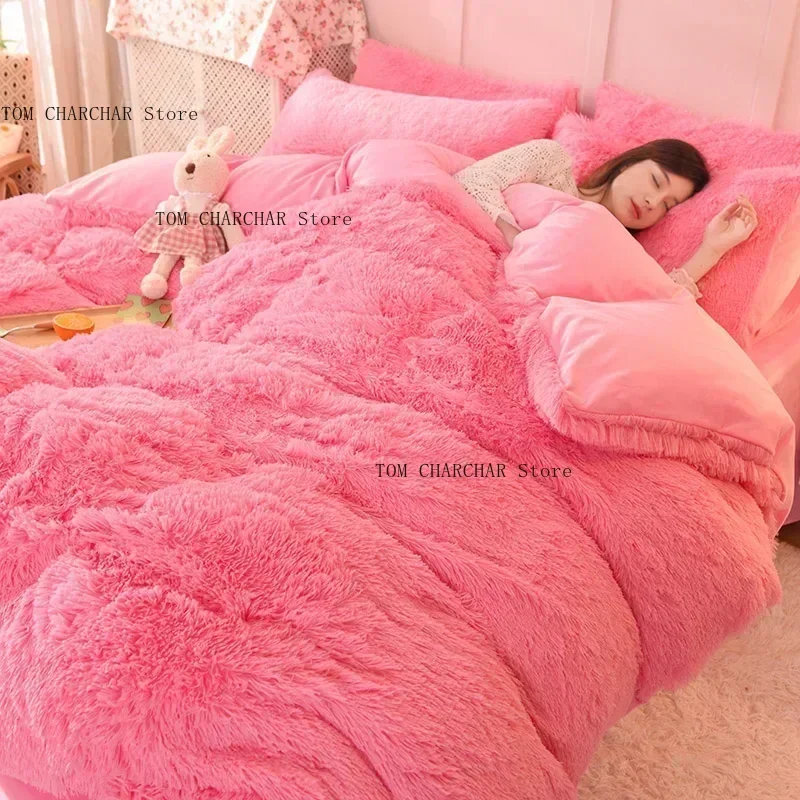 Parure literie hiver luxe rose peluche velours housse Queen