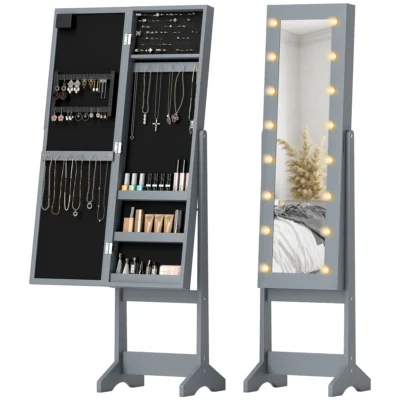 Armoire bijoux miroir LED entier ajustable gris