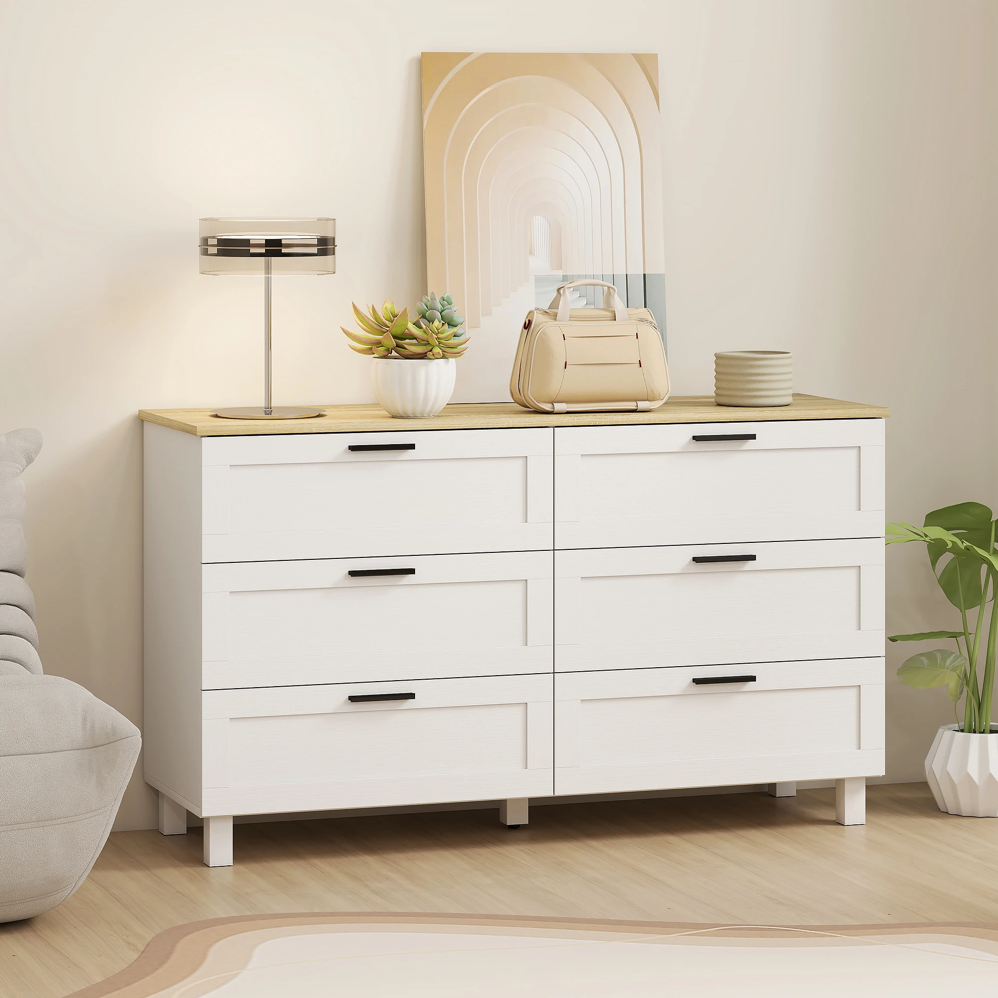 Commode 6 tiroirs pieds bois 120x38x71 blanc – Image 2