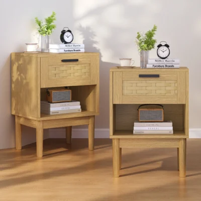 Comanlai Lot de 2 tables de chevet bohèmes, petites tables d'appoint en rotin avec tiroir et étagère en chêne pour chamb