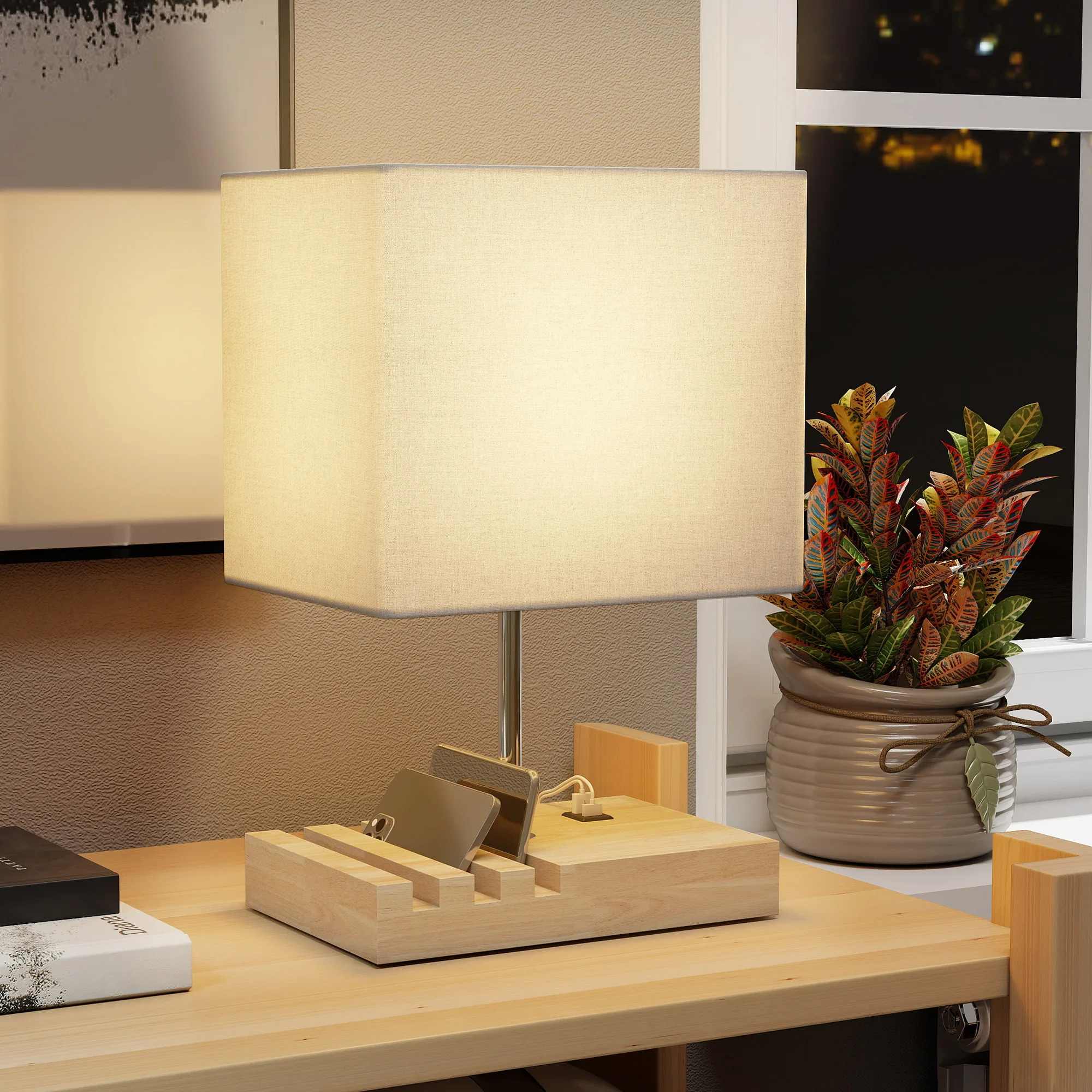 Lampe USB-A/C base bois blanc – Image 2