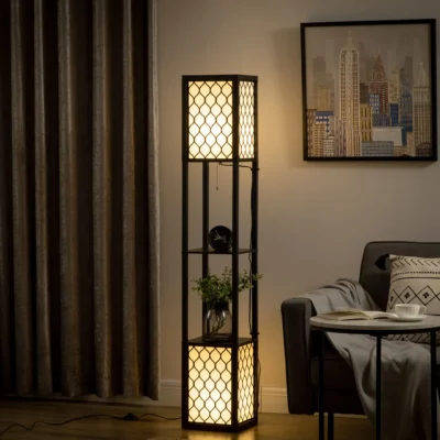 Lampadaire bois étagères 40W 26x26x156