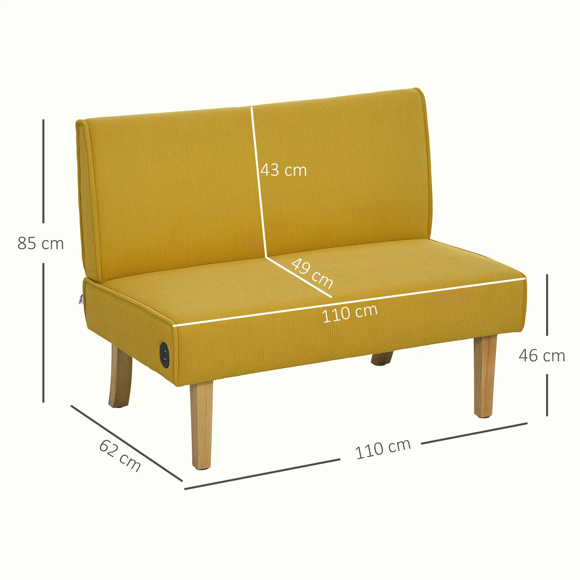 Canapé 2 places velours côtelé 2 USB type-c bois 240kg 110x60x85 – Image 3