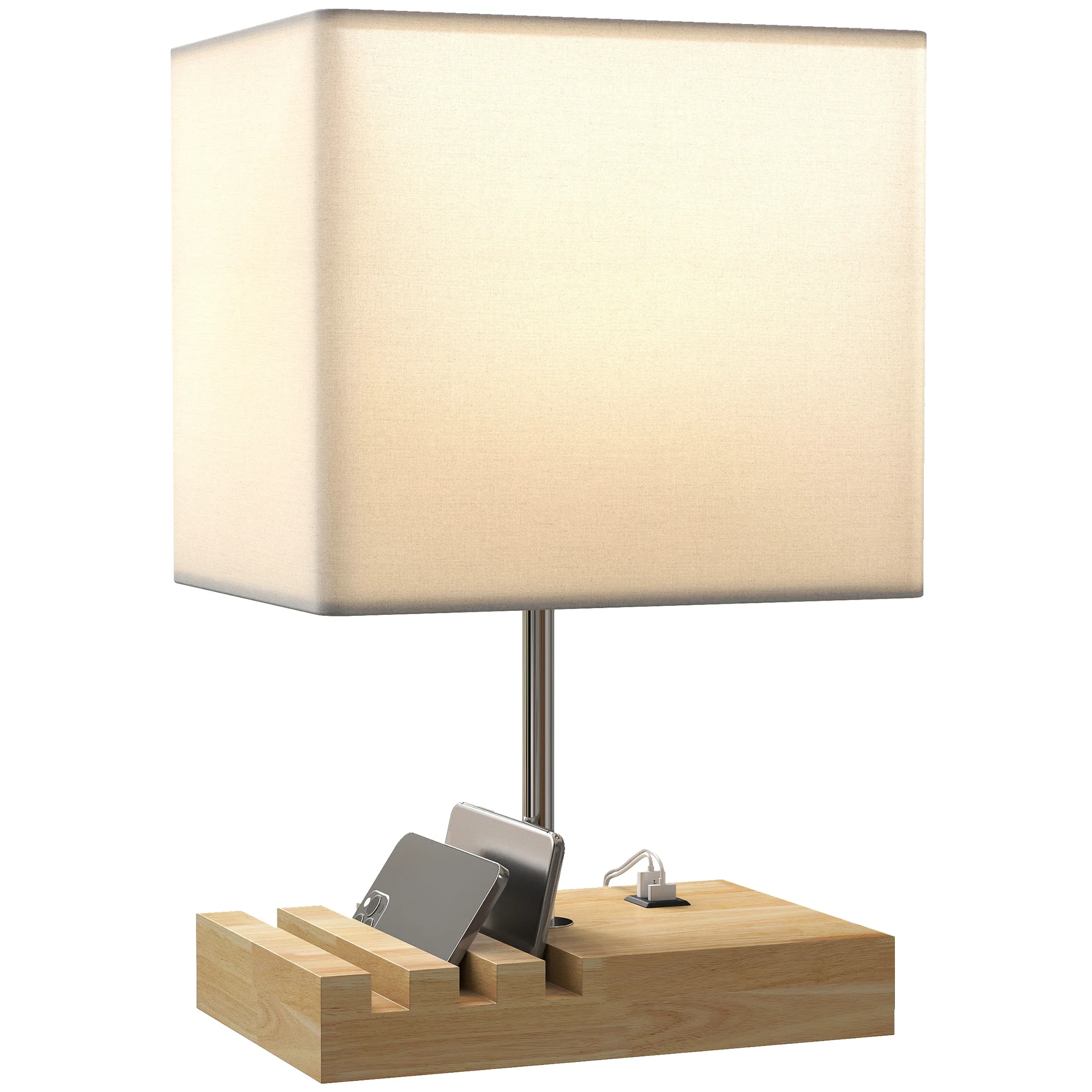 Lampe USB-A/C base bois blanc