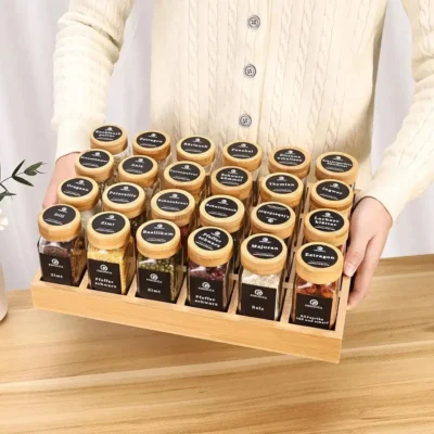 Ensemble de pots à épices avec support en bambou, 12/24 pots en verre avec couvercles en bambou scellés, y compris des é