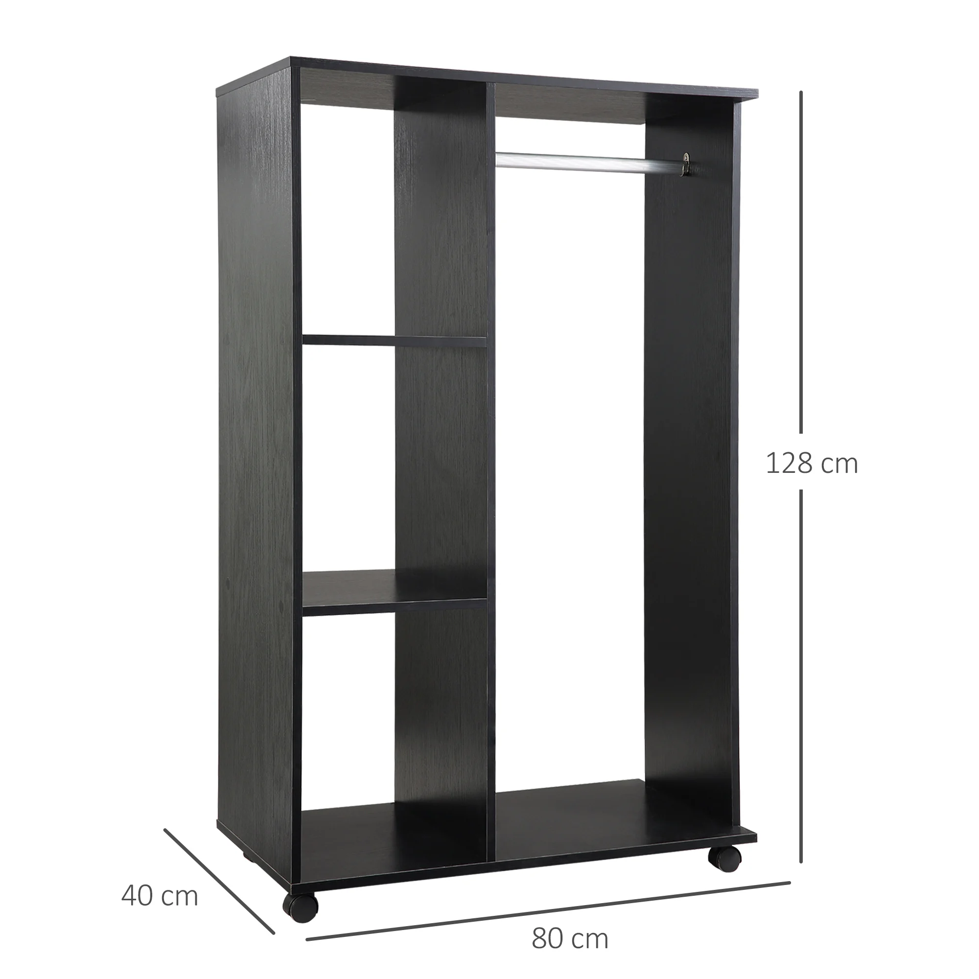 Armoire bar roulettes étagères ouvertes 80x40x128 noir – Image 3
