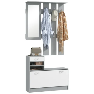 Meuble entrée 2 pièces miroir porte-manteau étagères tiroir gris