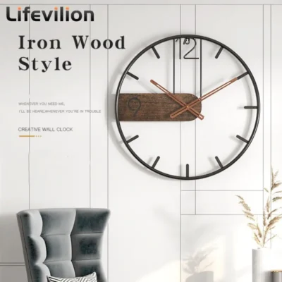 Horloge 3D 16po nordique métal fer aiguilles noyer ronde silencieuse