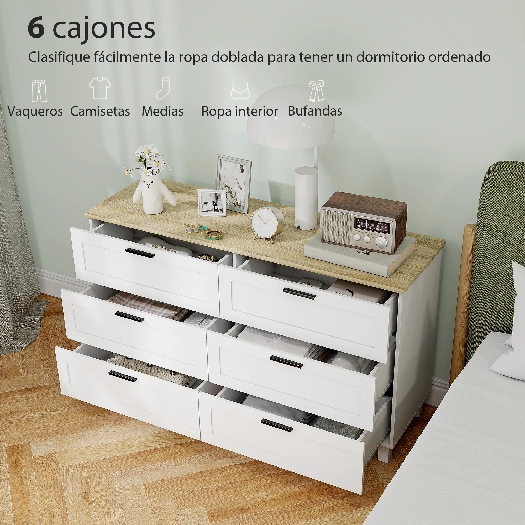 Commode 6 tiroirs pieds bois 120x38x71 blanc – Image 3