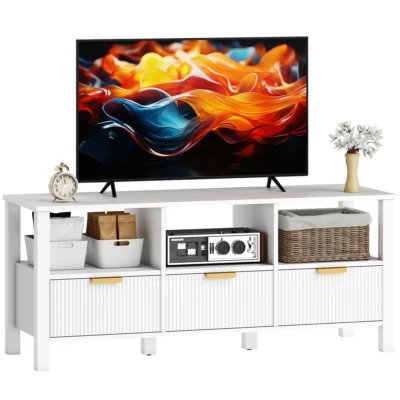 Meuble TV moderne 3 tiroirs 3 étagères 43-55po 120x39.5x50 blanc