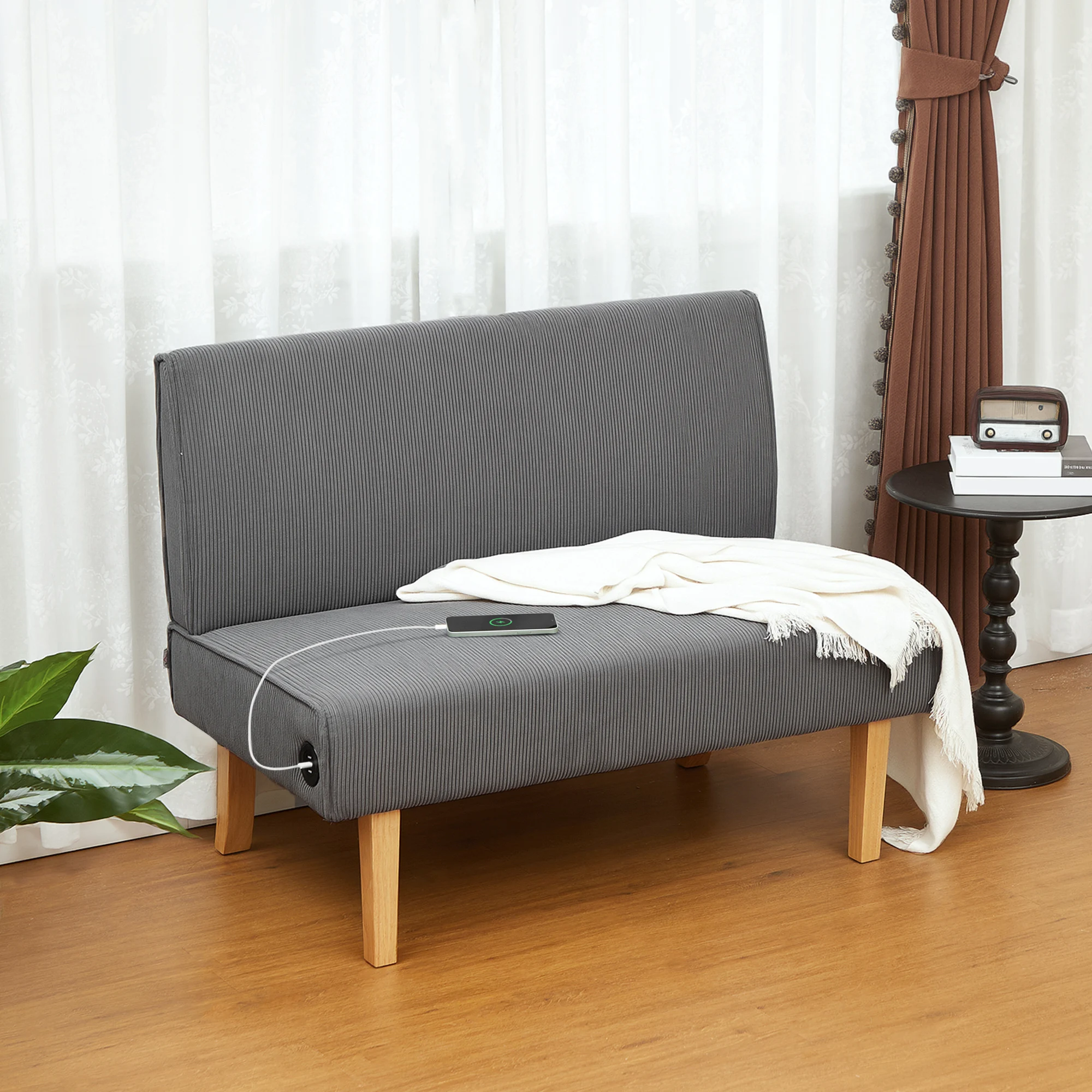 Canapé 2 places velours côtelé 2 USB type-c bois 240kg 110x60x85 – Image 2