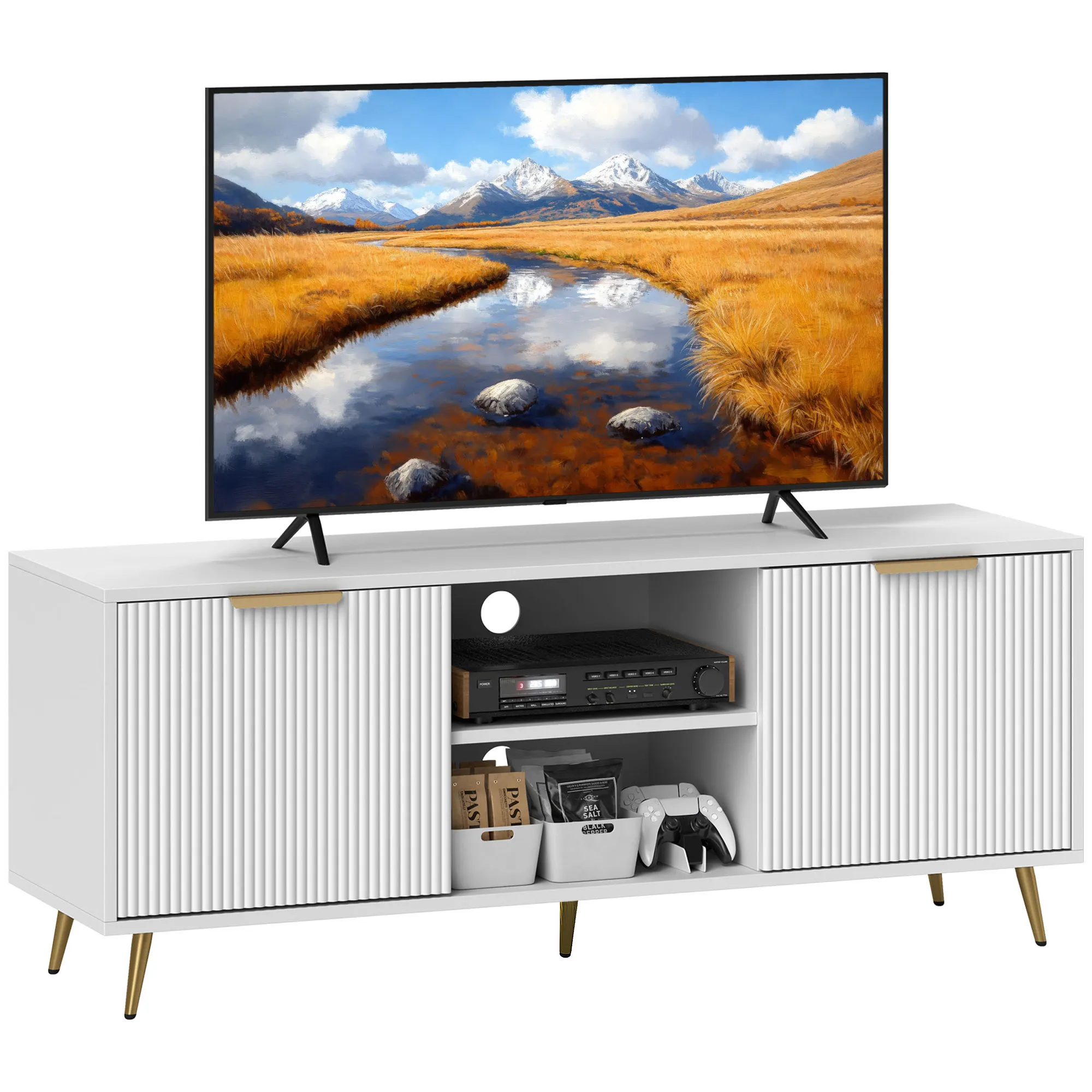 Meuble TV 2 compartiments 120x35x48 blanc