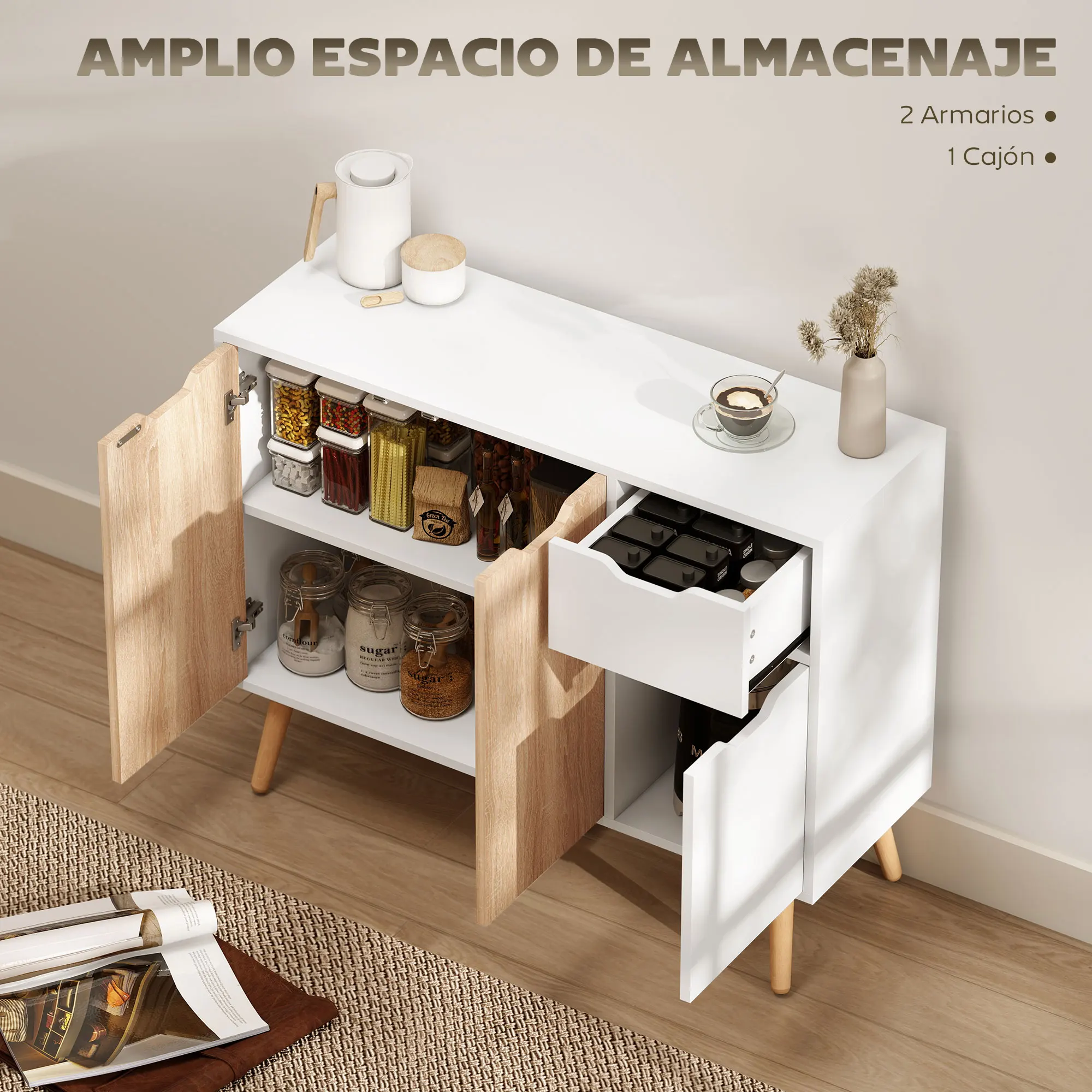Buffet 3 portes 1 tiroir 90x30x72 blanc naturel – Image 3