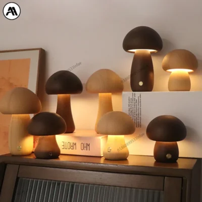 Lampe chevet bois champignon tactile noyer/hêtre USB