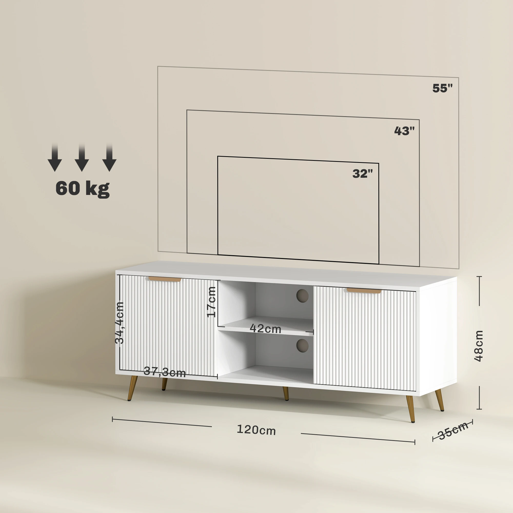 Meuble TV 2 compartiments 120x35x48 blanc – Image 3