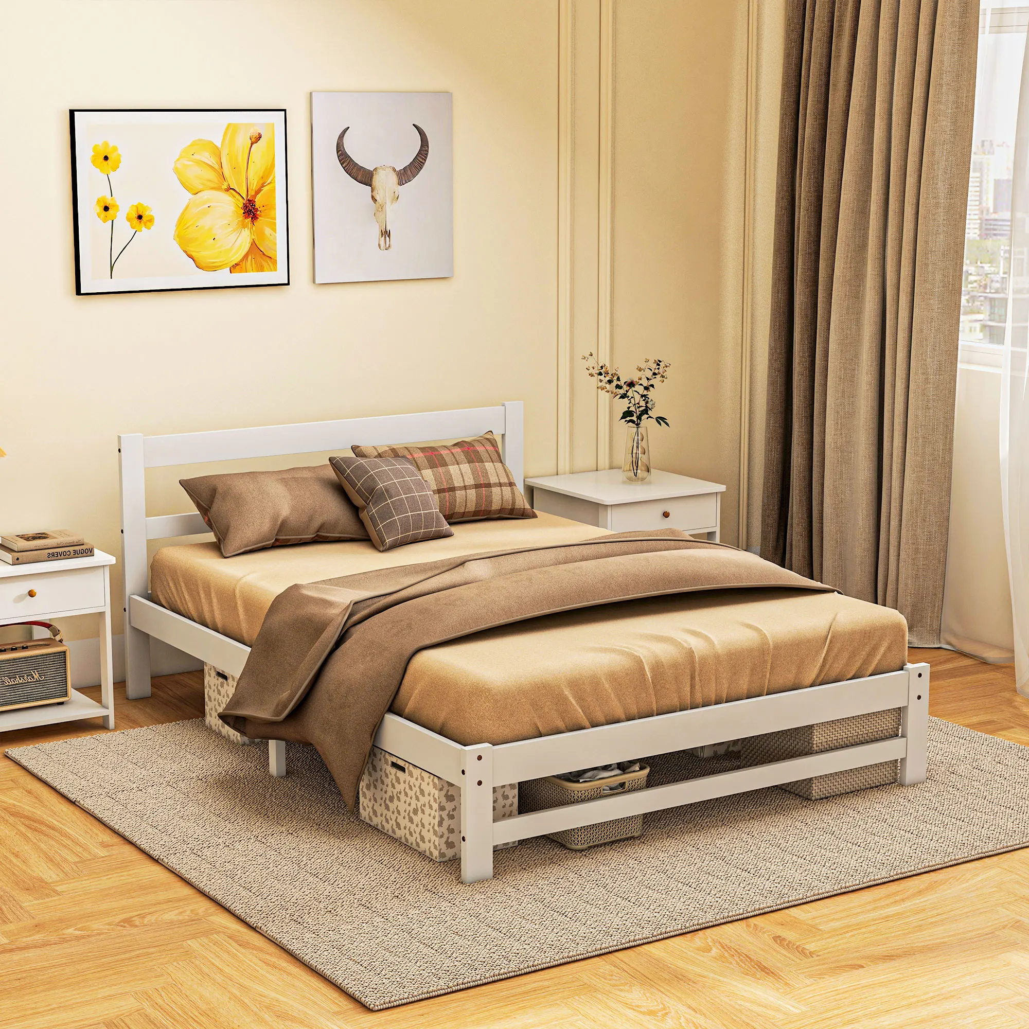 Tête de lit Cadre lit bois 195x141 cm blanc 300kg – Image 2