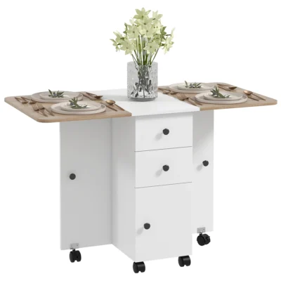 Table pliante roulettes tiroirs armoire 6 pers blanc naturel