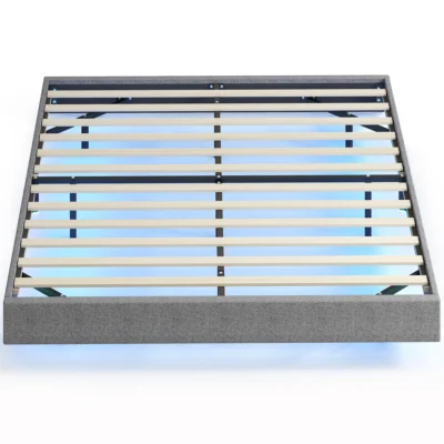 Lit Sommier 160X200 LED rembourré lattes bois lin gris