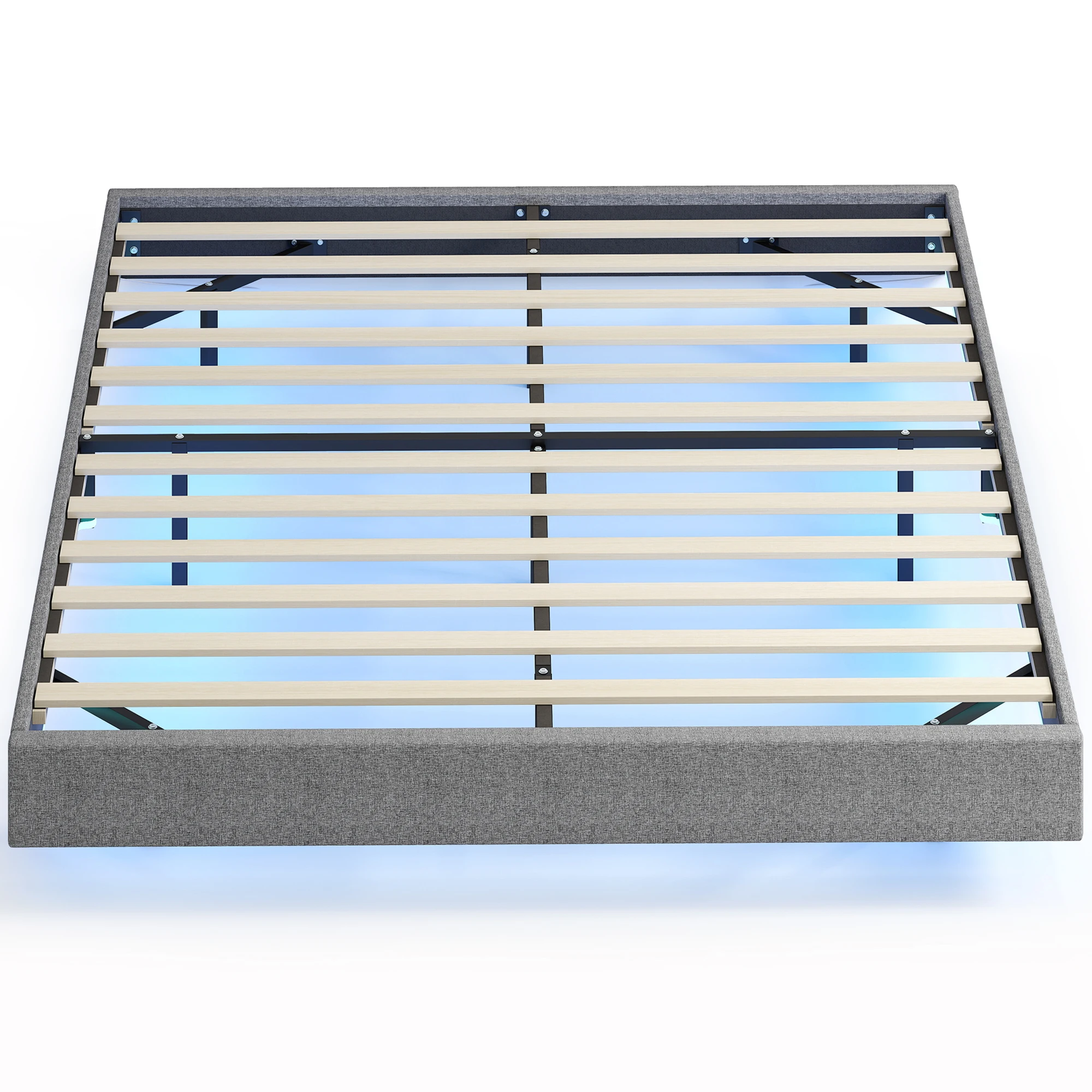 Lit Sommier 160X200 LED rembourré lattes bois lin gris