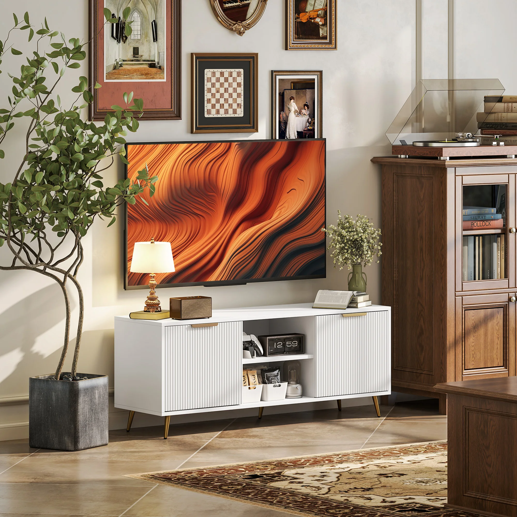 Meuble TV 2 compartiments 120x35x48 blanc – Image 2