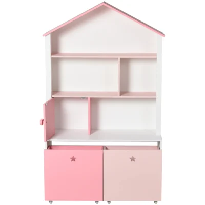 Étagère Bibliothèque enfant 4 compartiments 2 tiroirs roulettes 80x34x130