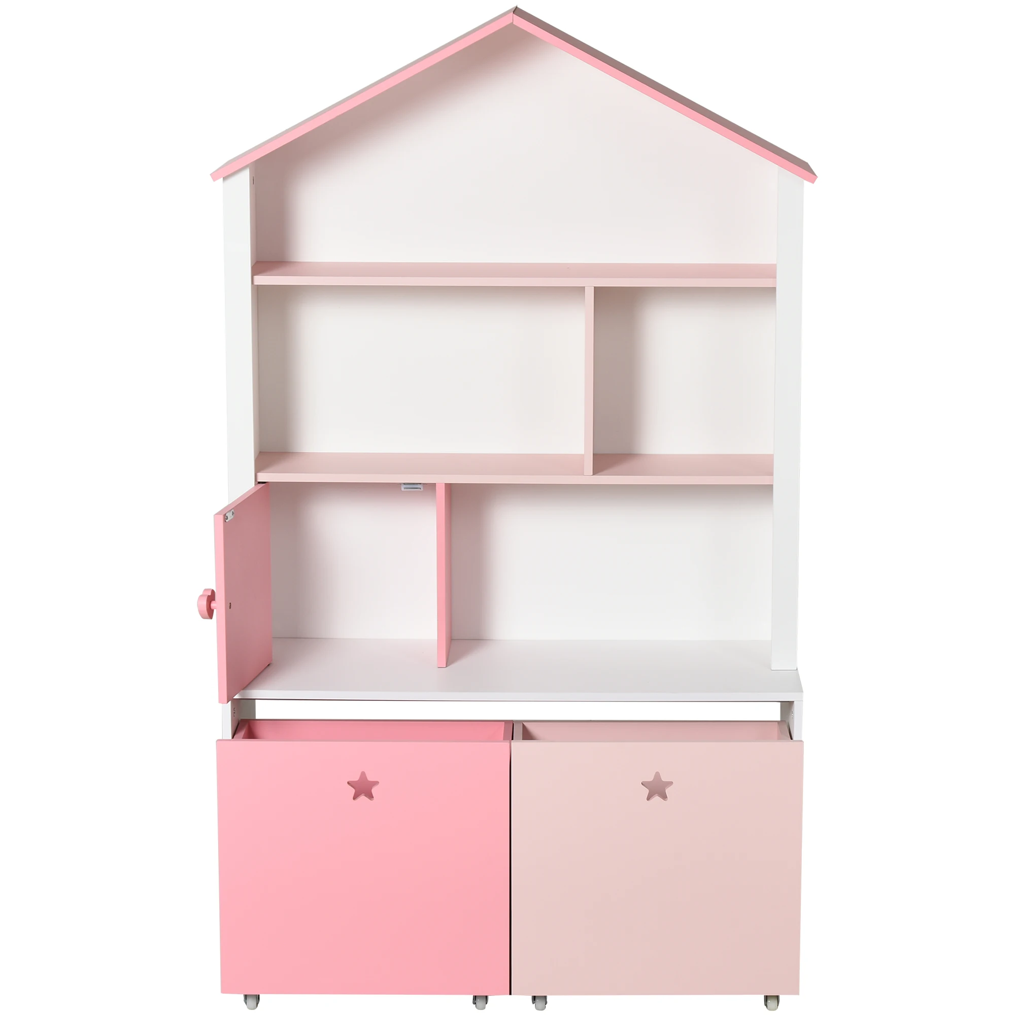Étagère Bibliothèque enfant 4 compartiments 2 tiroirs roulettes 80x34x130