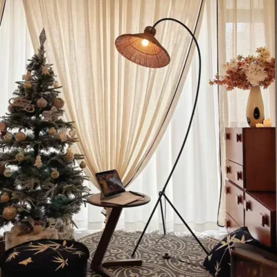 Lampe sur pied en rotin naturel E27 avec interrupteur à pédale, lumière d'appoint tressée à la main à 3 niveaux de lumin